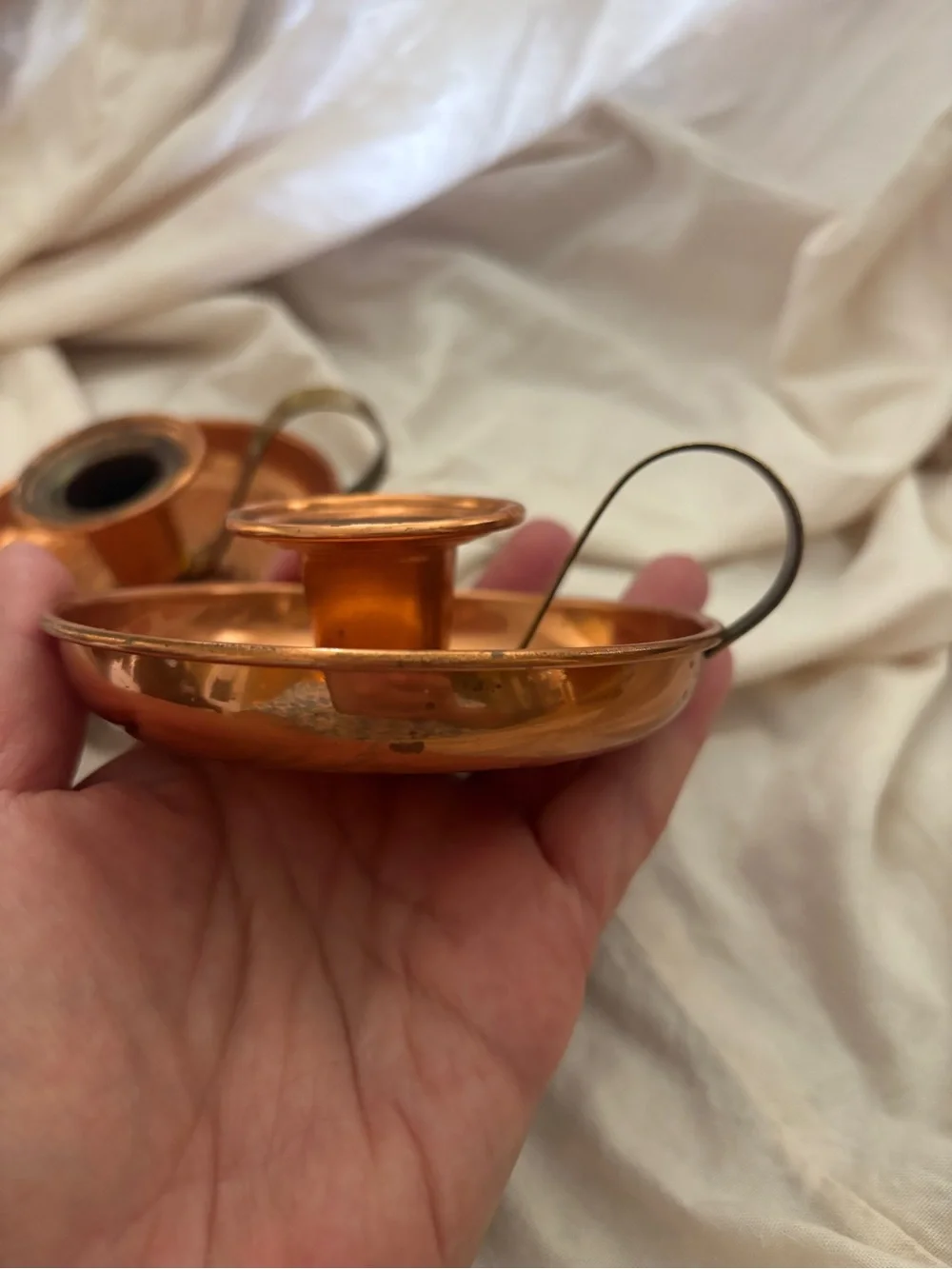 Copper Finish Taper Candle Holder Pair with Brass Handles